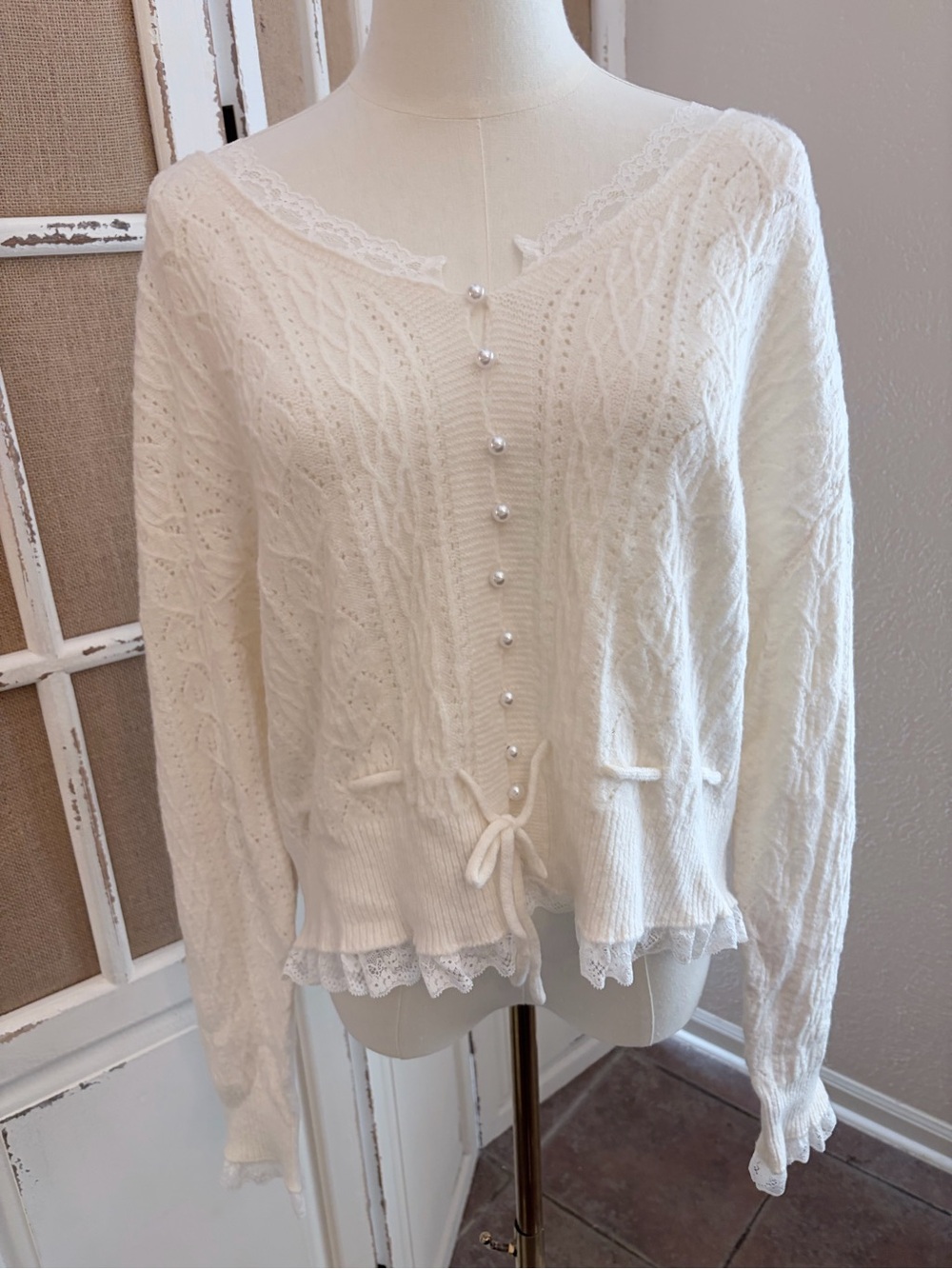 Altar'd State Tobi Pointelle Lace Cardigan Pearl Button Sweater XL Ivory NWT